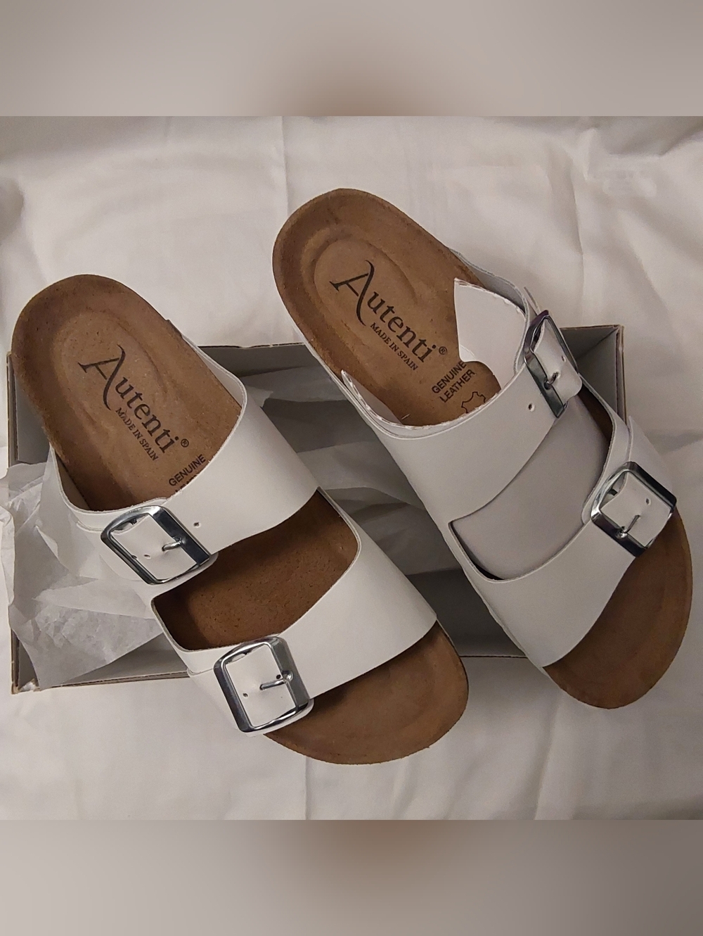AUTENTI 🤍 Leather/Cork & Suede White Double-Buckle Slide Sandals  • New In Box